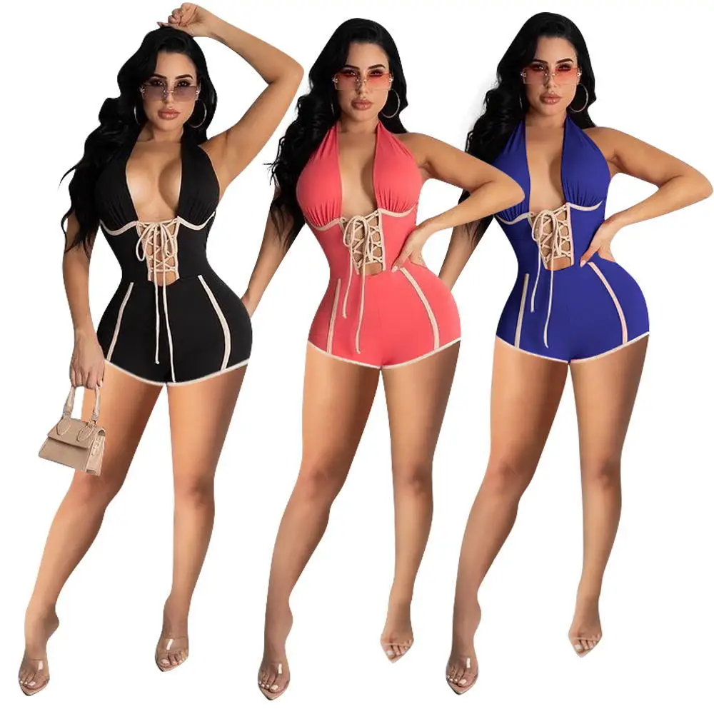 

Sexy Woman clothing solid color v-neck vest backless lace up bodysuit one piece jumpsuit shorts for women, As pics