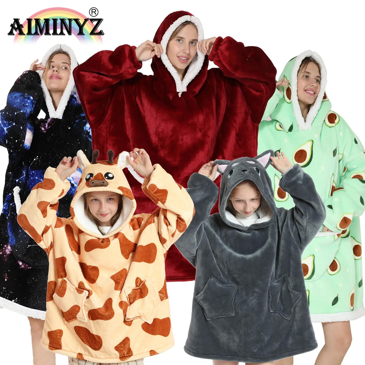 

AIMINY Wholesale Lazy Cloak Hoodie 320 gsm Flannel Hooded Pajamas Cold Proof Clothes Thickened Sleepwear Pijama for Adult Child