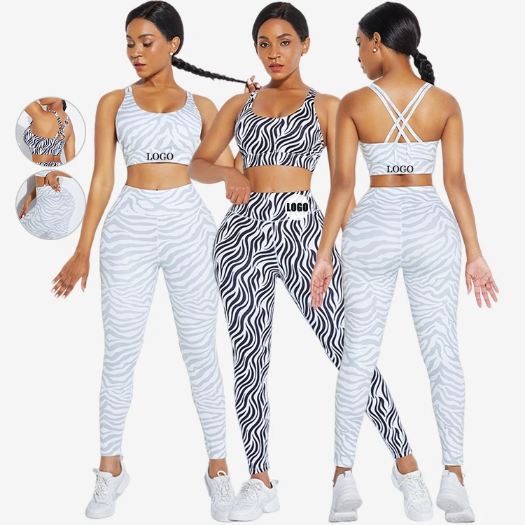 

Plus Size Zebra Stripes Print High Waist Tight Workout Clothing Women Yoga Set Fitness Activewear, As show