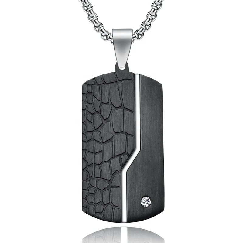 

New Trending Stainless Steel Black Vintage Crack Dog Tag Pendant Men Jewelry 2021 with Zircon, Black with silver