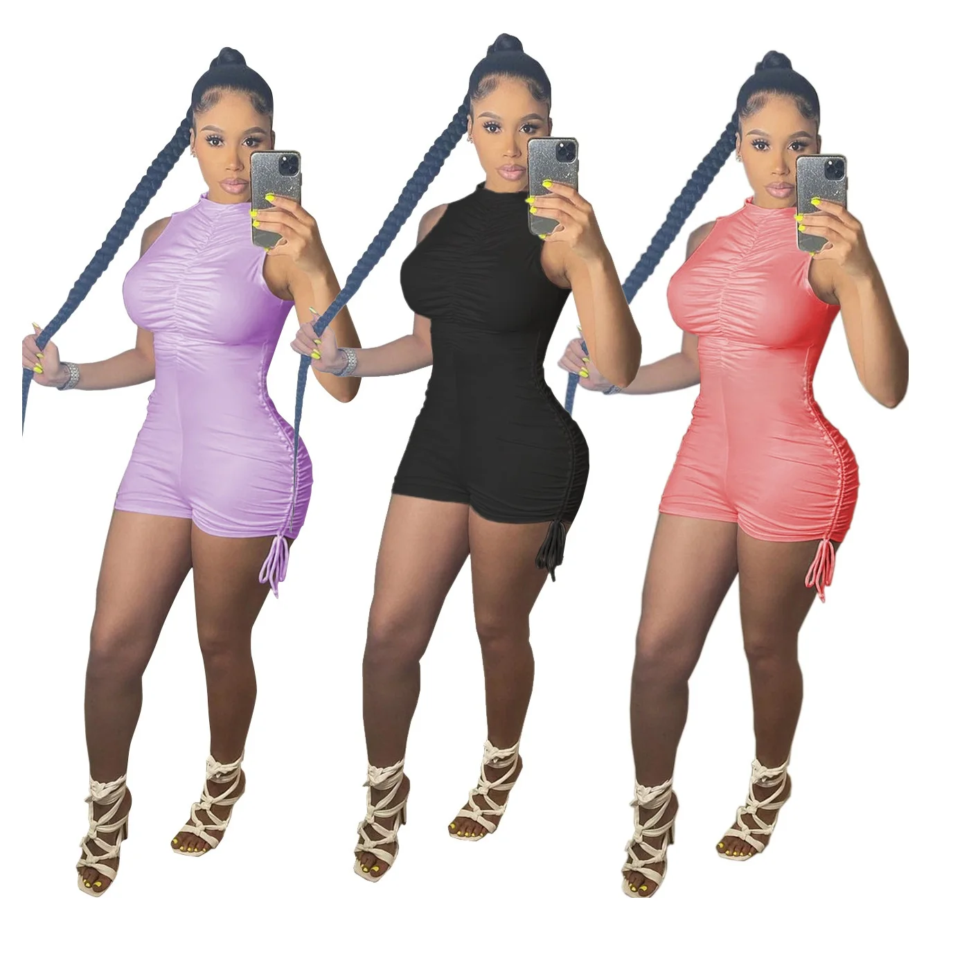

Summer 2021 Fashion Sleeveless Pleated Sexy Women Bodycon Sports Short Jumpsuits, Picture