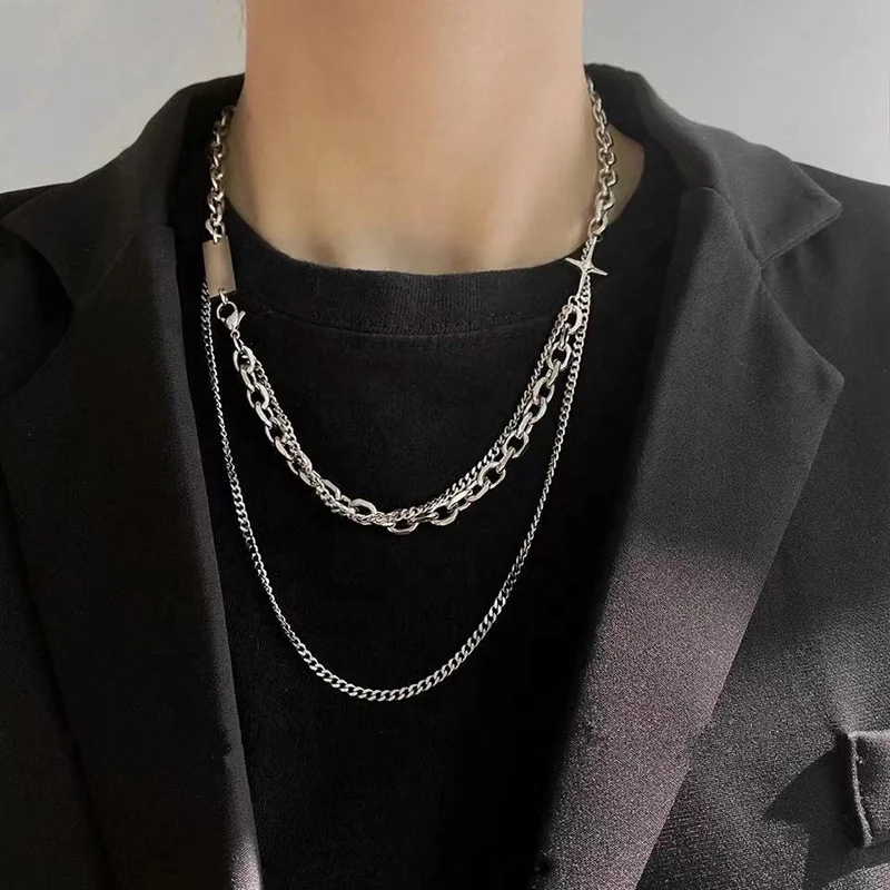 

Fashion Jewelry Diamond Cross Stainless Steel Choker Hiphop Punk Double Layer Curb Cuban Chain Link Necklace for Men Women, Silver/custom
