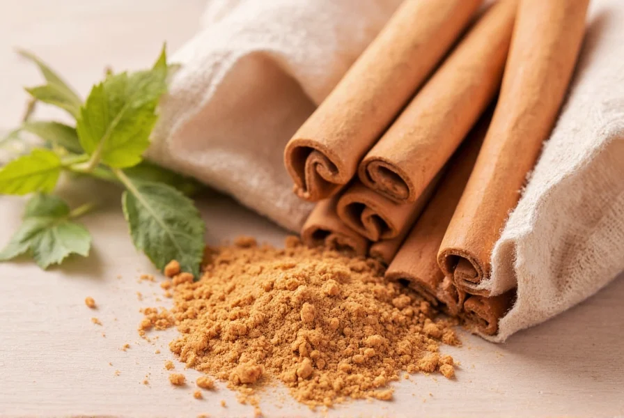 Close-up of cinnamon sticks and powder next to heartburn relief items