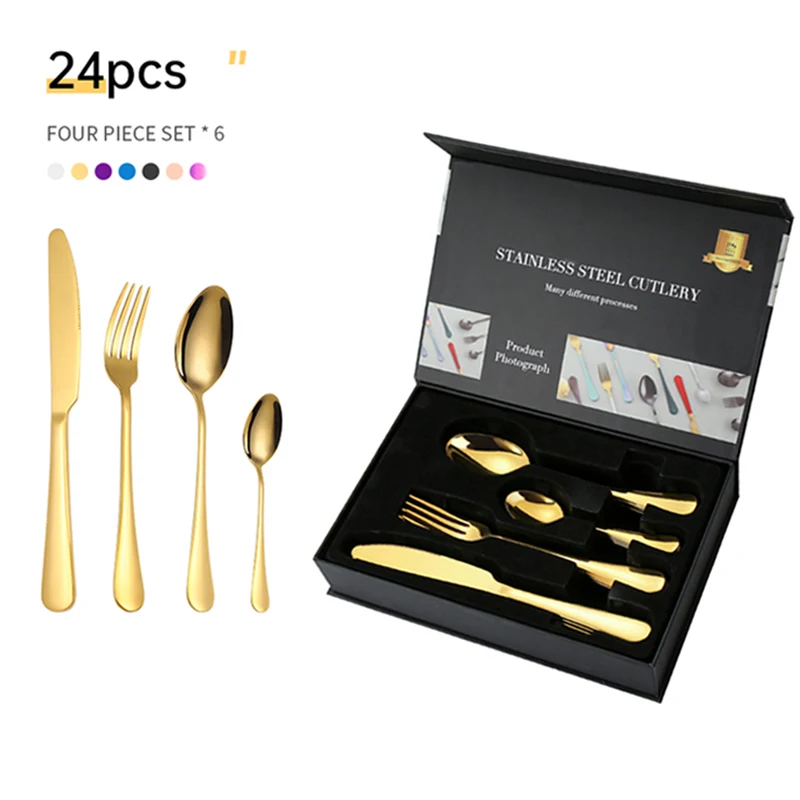 

Restaurant Tableware 24 Piece Cutlery Gift Box Set Stainless Steel Flatware Forks Knives Spoon Tenedores 24Pcs Wholesale, Iridescent/silver/gold/rose gold/black/blue