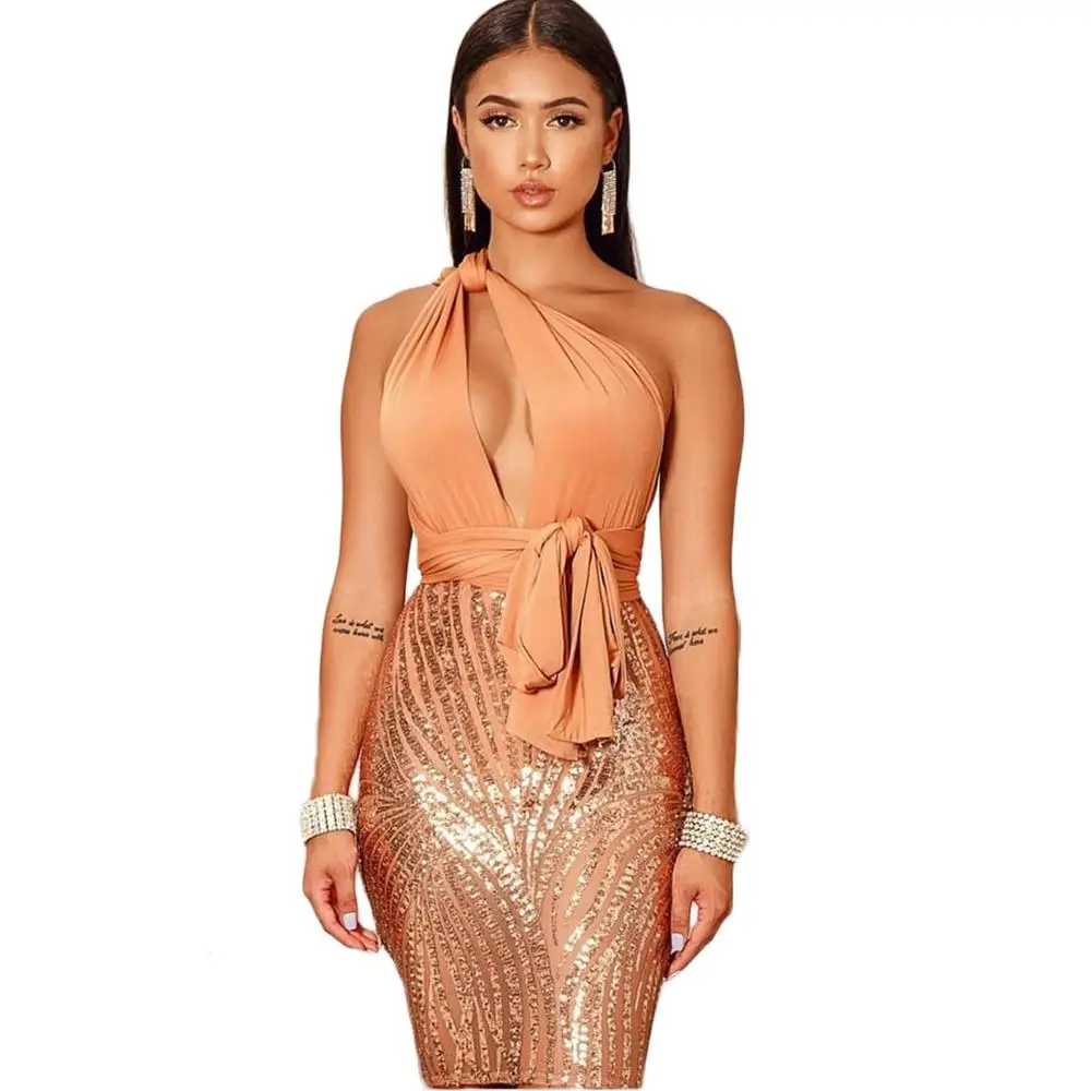 

2020 new arrival hot selling ladies Trendy fashion bandage neck solid sequin women bodycon cocktail dresses