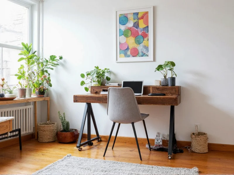 Reclaimed wood standing desk in home office with plants
