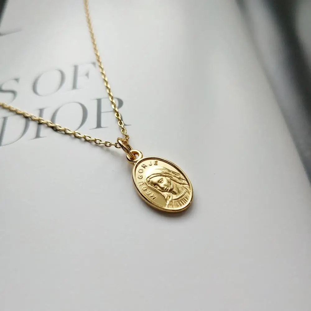 

Real Gold Plated Oval Shape Virgin Mary Pendant Necklace 925 Sterling Silver Mary Necklace For Women, Picture