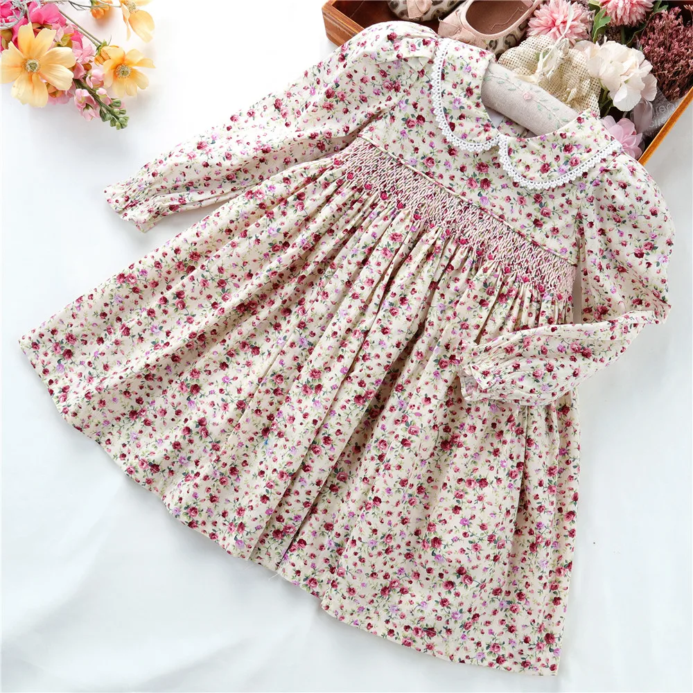 

fall winter flower floral long sleeve little baby girls dresses hand smocked casual cotton kids clothes wholesale B41570