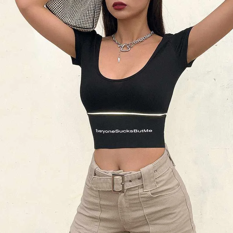 

Ladies Letter Printed Reflective T-shirt Top Sexy Women Casual Clothing