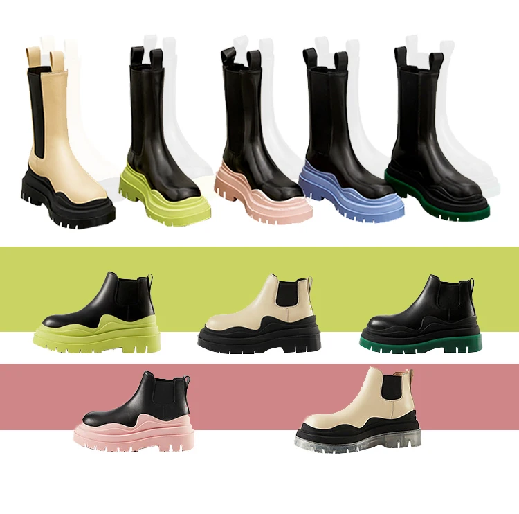 

New Trend Wholesale Women Luxury High Top Heel wood sole Custom Genuine Leather Rain Shoes Work Ankle Chunky Chelsea Boot Woman, Black