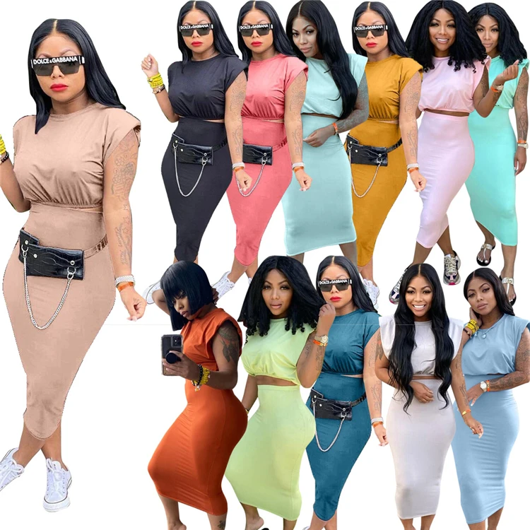 

DUODUOCOLOR Summer fashion leisure solid color round neck t shirt tops midi skirt 2021 sleeveless two piece set dress D10046