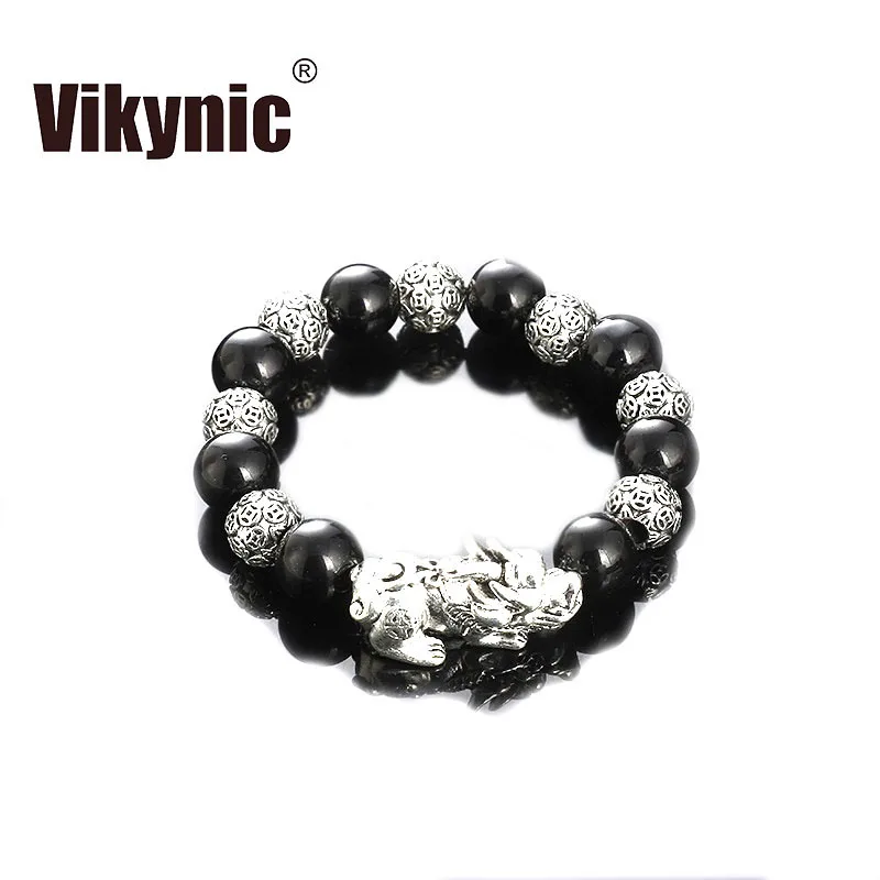 

New Silver Plated Pixiu Feng Shui Good Luck Bracelet Obsidian Bead Dragon Lucky Charm Pixiu Bracelet Feng Shui Bracelet
