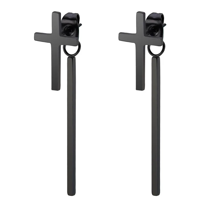 

Korean Fashion Star With The Same Punk Stainless Steel Cross Bar Pendant Earrings Unisex, Picture