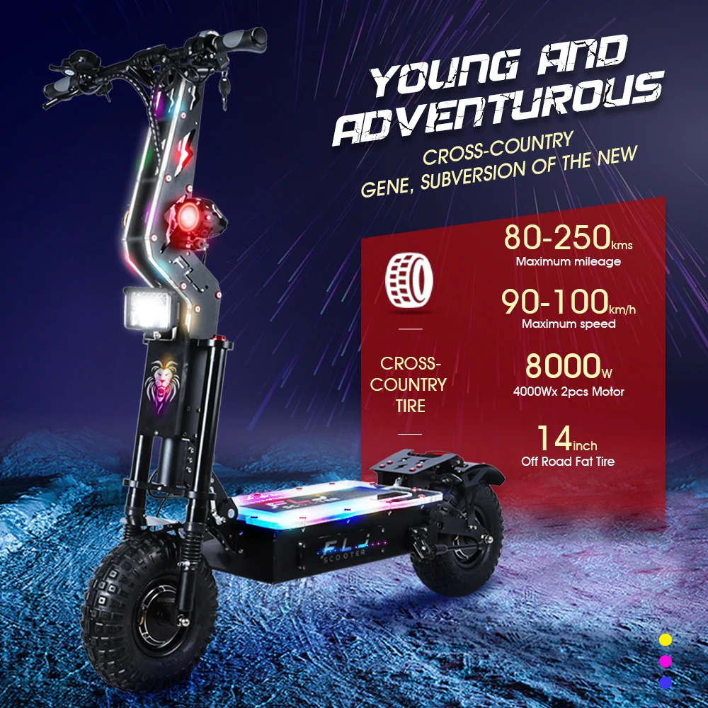 

Hot FLJ 14inch Fat tire mountain scooter 60v 72v 8000w dual motor battery 80Ah top speed 90-100km/h electric mobility scooter, Black