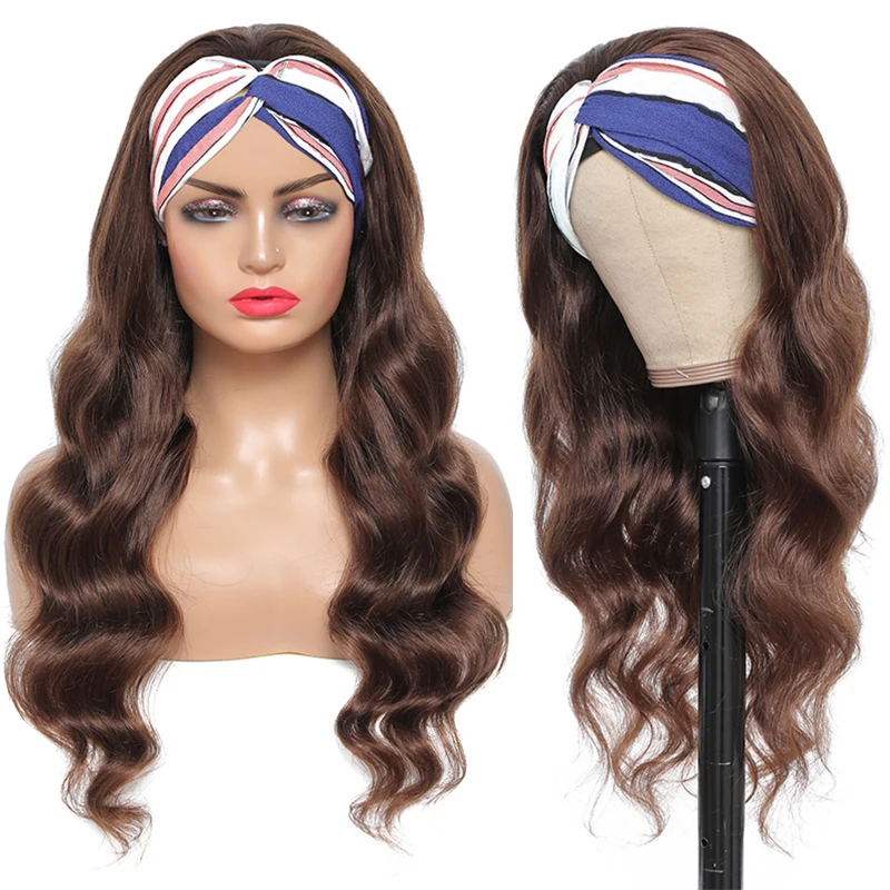 

Soft texture100 human hair color 4# body wave Headband Human Hair Wig free colorful band HairLong Brazilian remy Hair for women