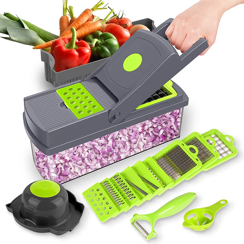 

Multifunction 12 in 1 vegetable cutter Kitchen Helper Nice Dicer - Carrot Grater Egg Slicer - Vegetable Cutter - Onion Chopper, Gray&green