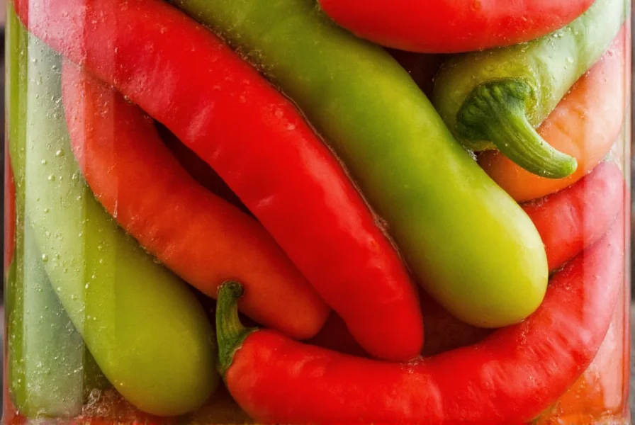 Close-up of red and green peppers fermenting in glass jar with bubbling brine