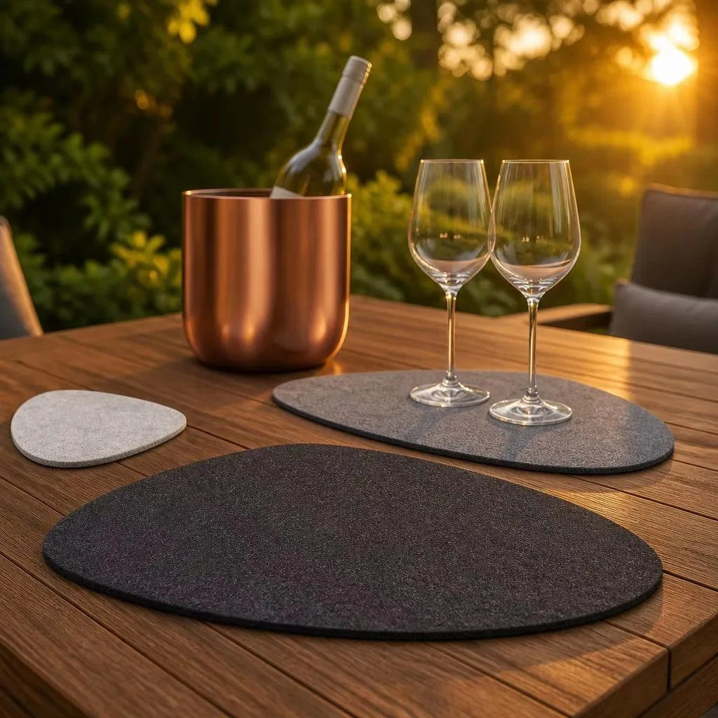 Sunset Dining - modern dining table dressed with pebble-shaped wool felt placemats
