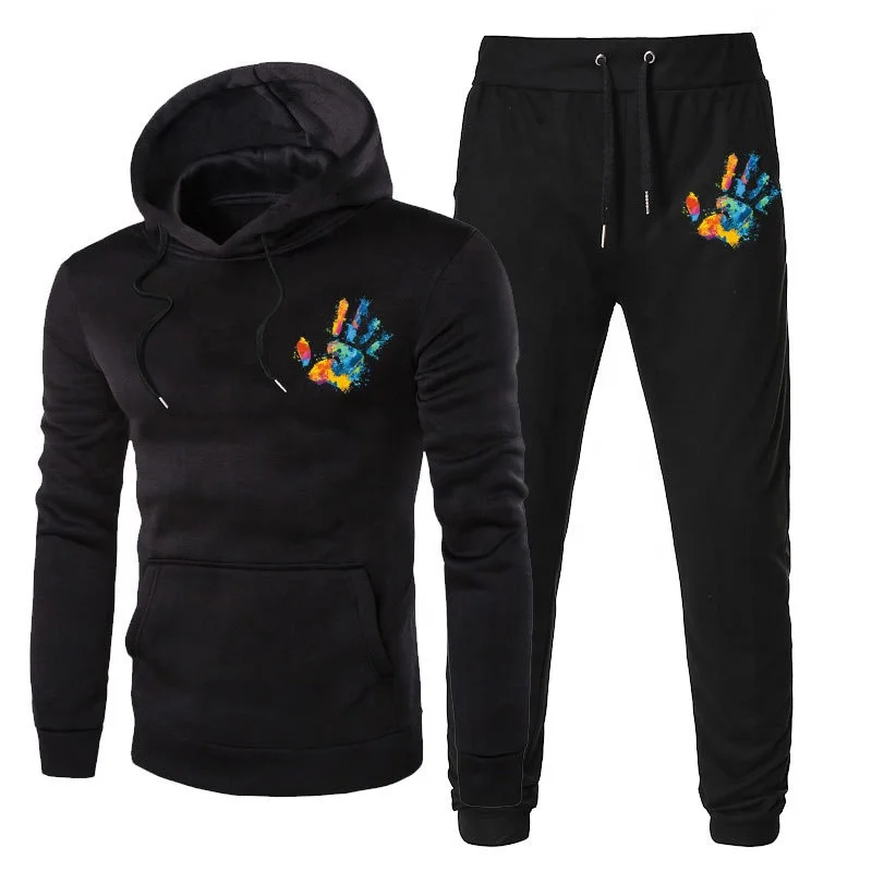 

T0107 Hot sale pullover men fashion casual two-piece sports all-match printing men hoodie winter