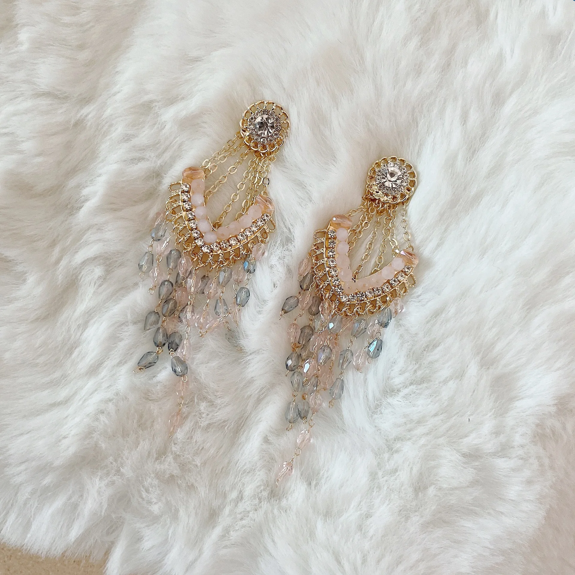 

2022 New Design Diamond flower tassel earrings Vintage Atmospheric French Earrings
