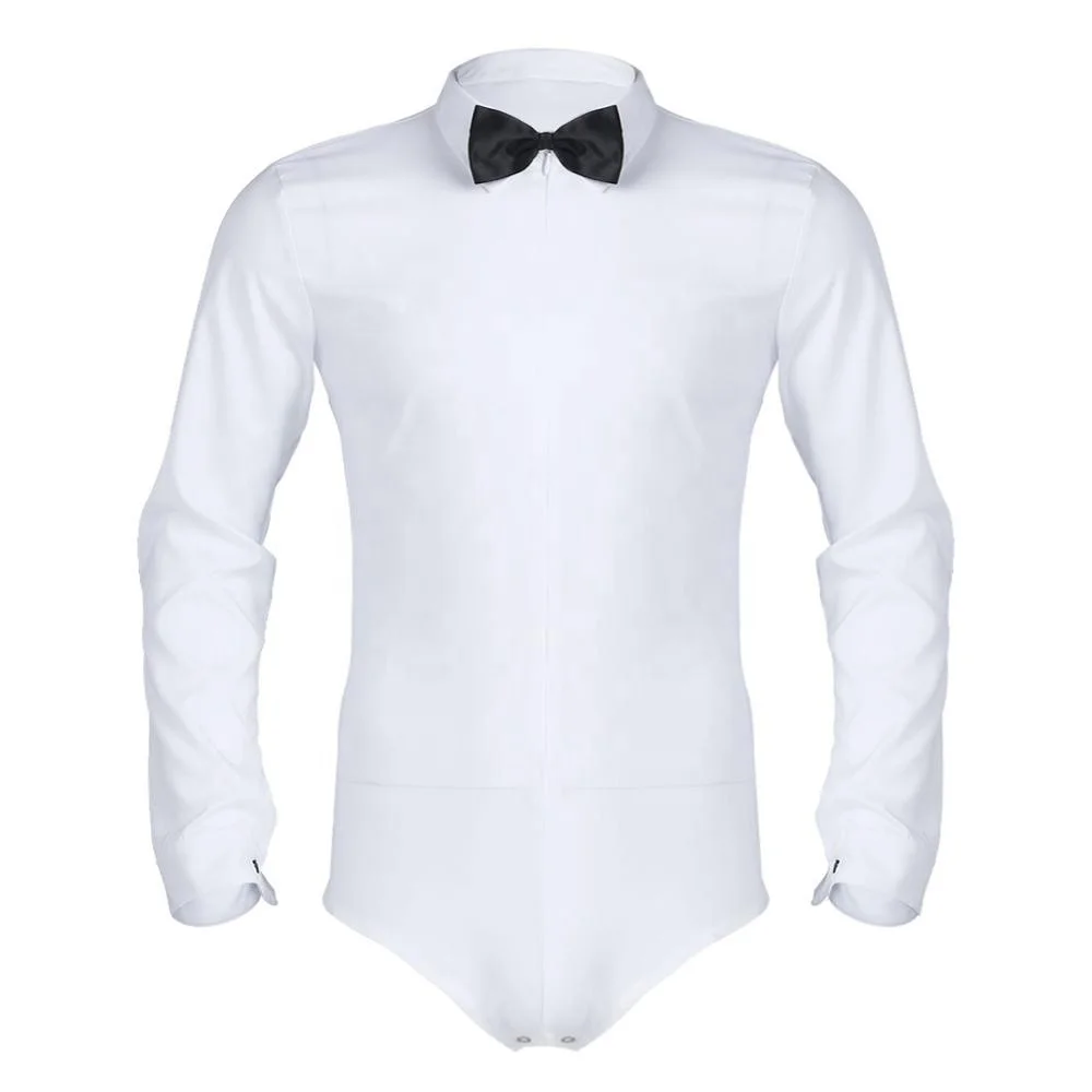 

Mens Latin Dance Costume Long Sleeve Zipper Dancer Costume Modern Dance Shirts One-piece Romper Shirt With Bowtie