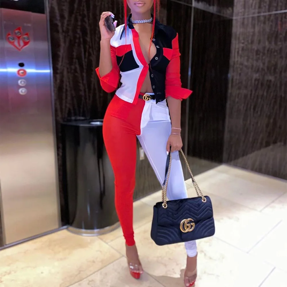 

2020 new arrivals autumn designs women mesh two pieces long sleeve top with full length trousers set