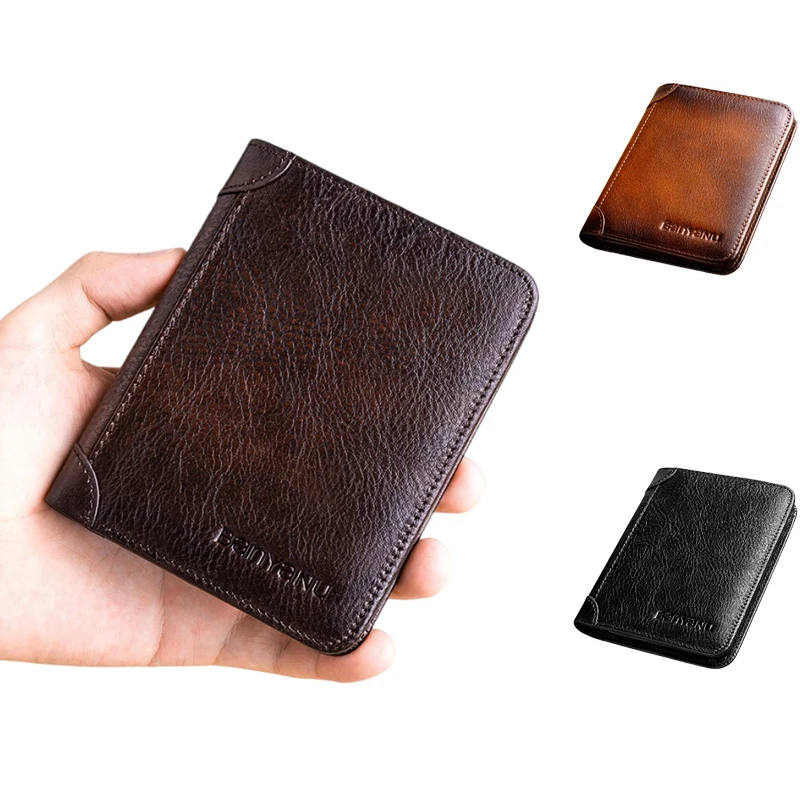 

Best Genuine Cowhide Leather Wallet Men RFID Blocking Trifold Bifold Credit Card Holders Vintage Man Slim Wallet