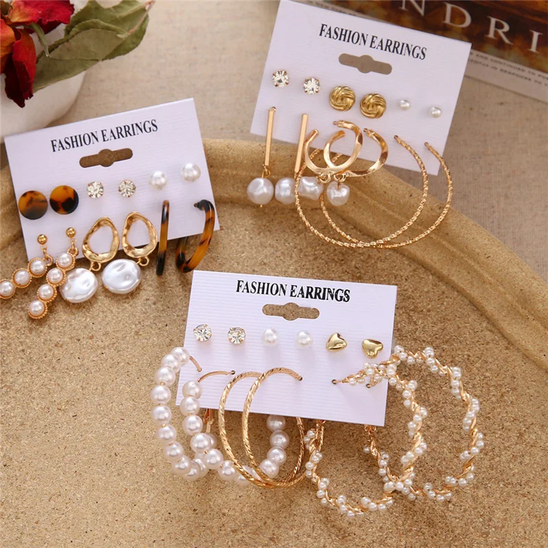 

Acrylic Set For Women Big Geometric Round Heart Pearl Rhinestones Earrings boucle doreille femme 2019, Gold color, as picture