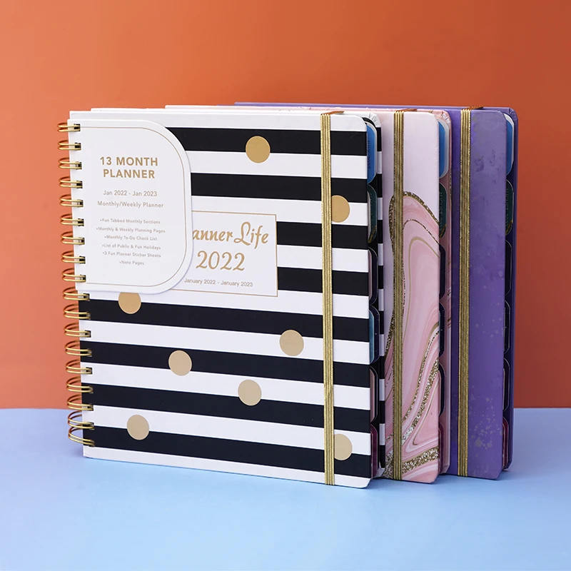 

13 month striped design B5 gold foil hardcover 2021 2022 agenda spiral bound planner notebook