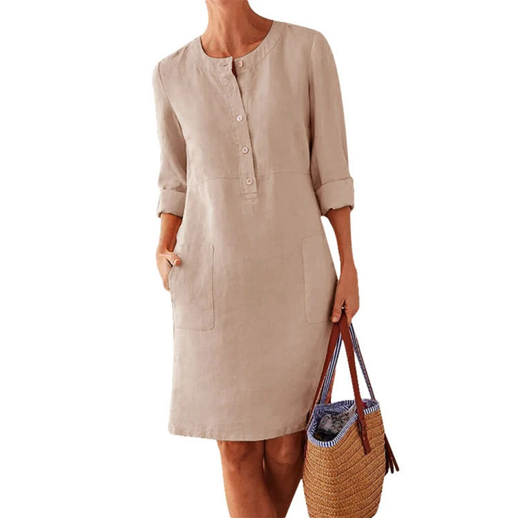 

Hot New Products Plus Size Eco-friendly Anti-static O-neck Lady Casual Dress Dresses with Long Sleeve Full Adults Solid