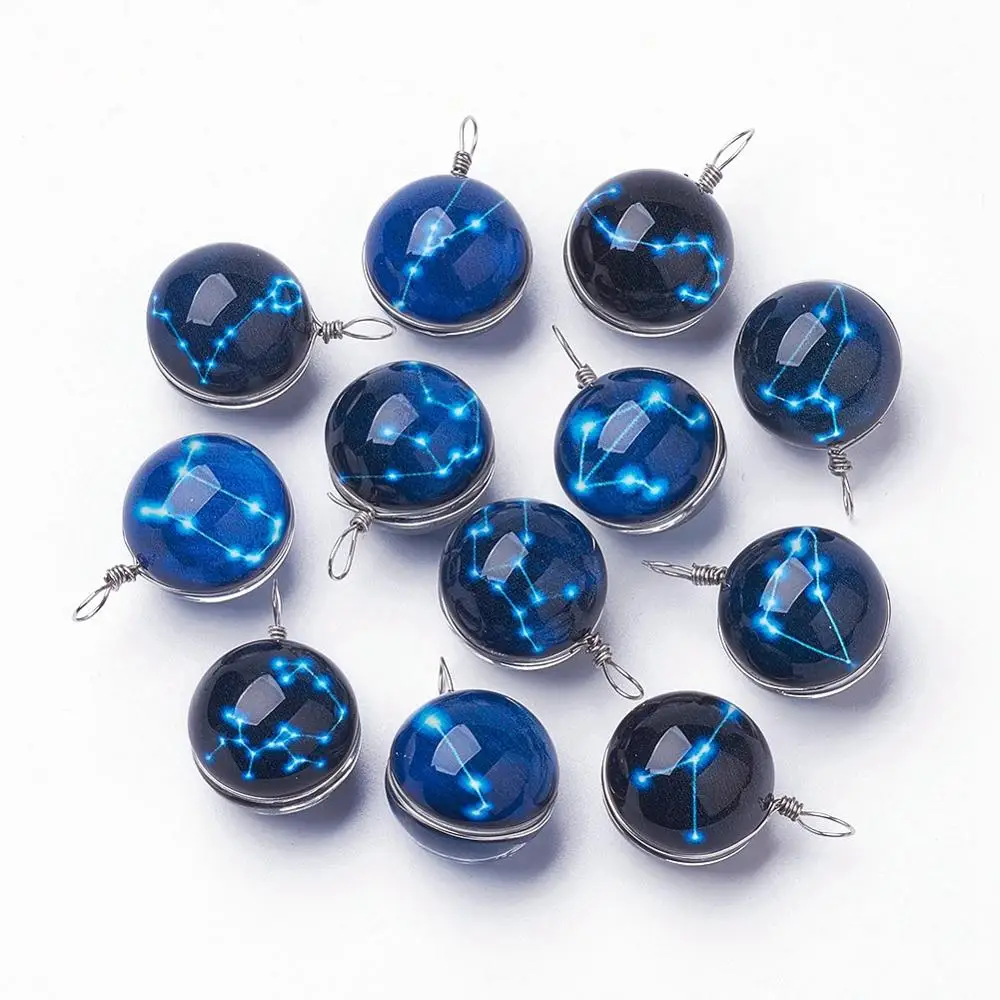 

Pandahall Flat Round Constellation Theme Luminous Glass Pendants, Platinum