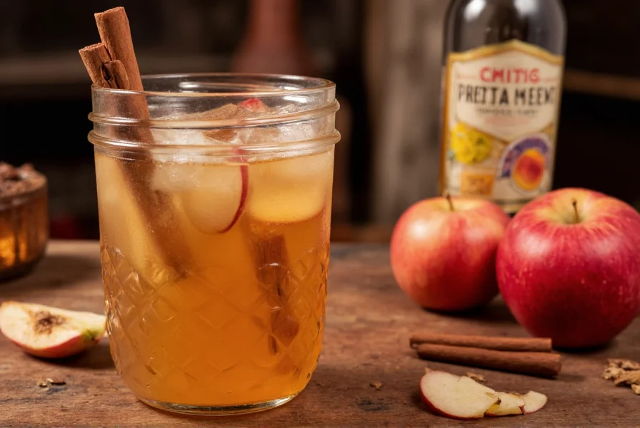 Apple cider cocktail with cinnamon whiskey in mason jar with cinnamon sticks and apple slices