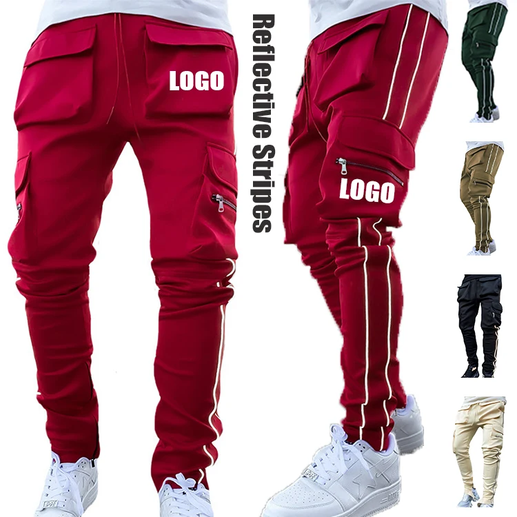 

Custom logo sweatpants men trackpants for men track sweat reflective cargo pants jogging sport joggers pants with side pockets, 10 colors