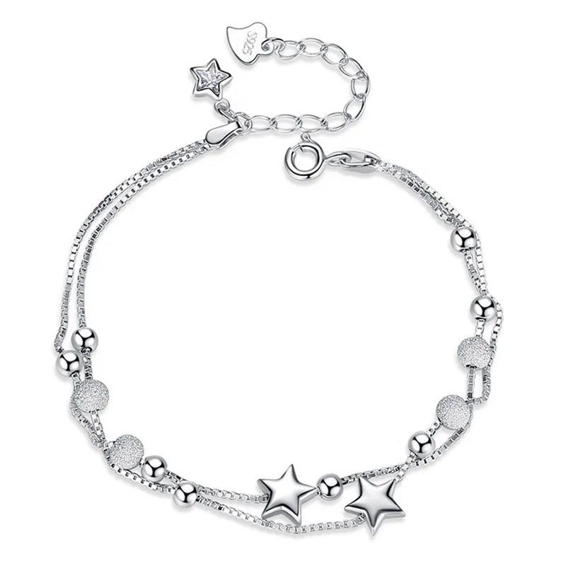 

Wholesale womens fashion stars 2 layers 925 sterling silver chain bracelets jewellery