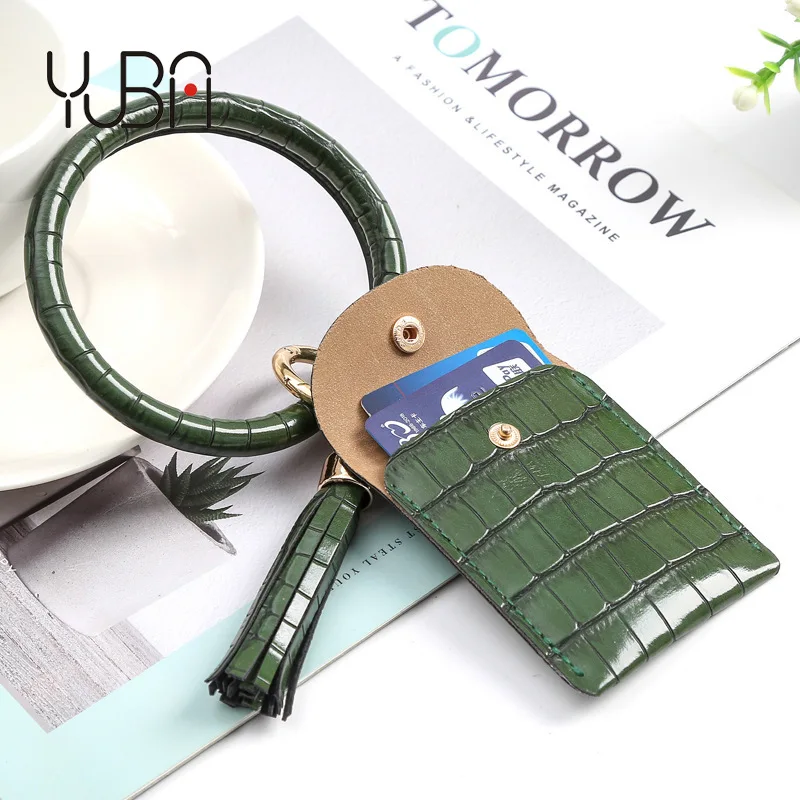 

Crocodile Skin Card Holder Purse PU Leather Keychain Round Shape Bracelet Circle Tassel Anti-lost Keychain for Womenwholesale