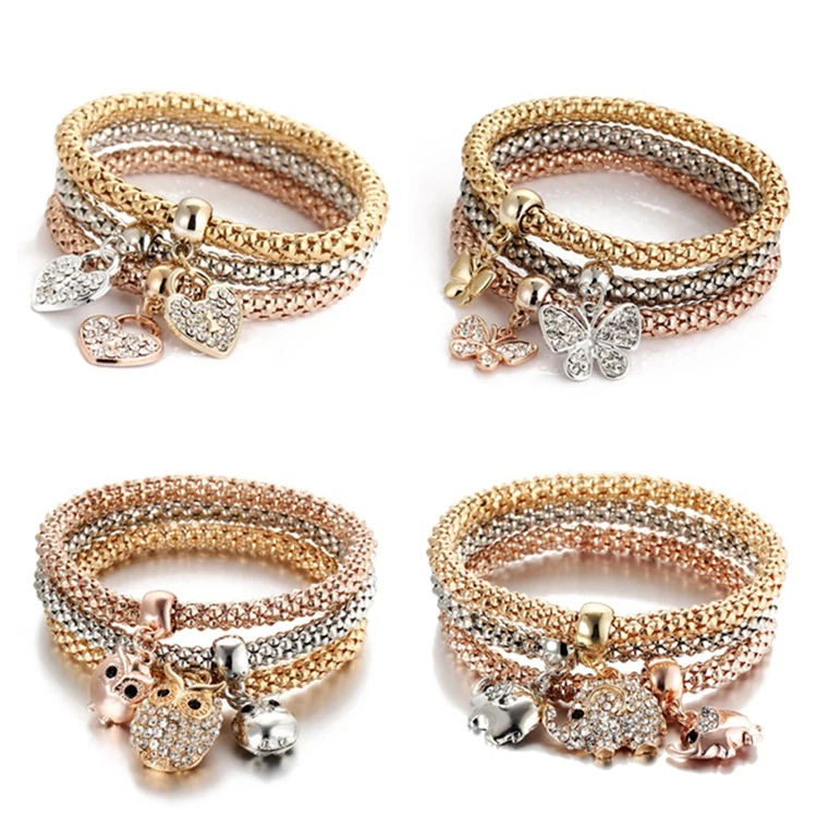 

Charm 3 Pcs Silver Rose Gold Popcorn Chain Owl Butterfly Heart Dangle Bangle Bracelet Jewelry For Women, As the picture