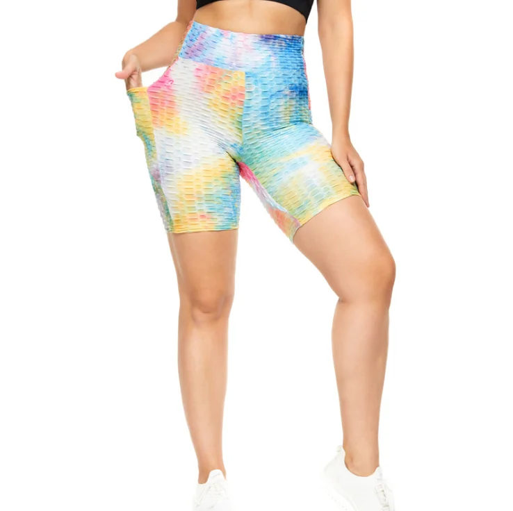 

XXXXL Plus Size Tie Dye Sportswear Women Shorts with Pockets Bubble Jacquar Yoga Shorts Fitness Gym Clothing Biker Shorts, As picture