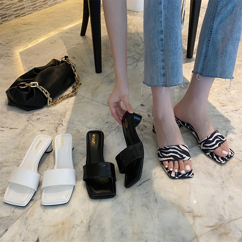 

Brand shoes minimalist style lady slides cylinder heels square open toe women slipper sandals summer fashion female mules