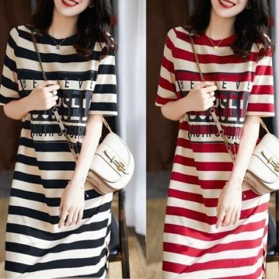 

Summer women's fashion casual loose collar medium length T-shirt skirt striped dress covering hip women's t skirt