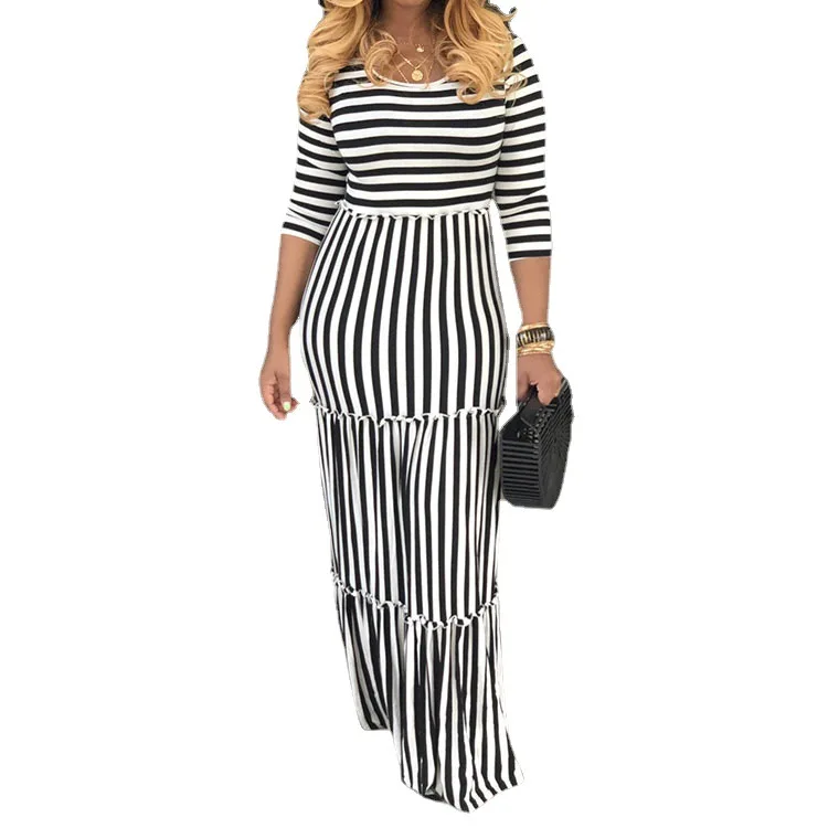 

QC - 1439 2021 Summer Striped Print Round Neck Maxi Dress women lady elegant clothing trendy wholesale maxi dresses women, Customized color