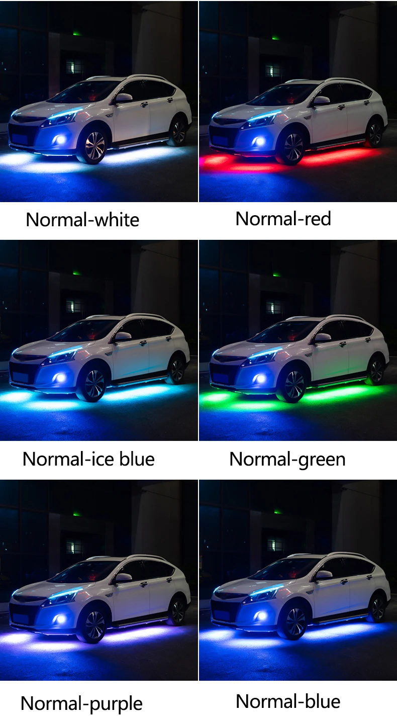 Emitting Color : Flowing 60X2 150X2 Ambient Lights 4PCS 12V IP65 Bluetooth App Control Flowing Color RGB Strip Under Car 90 120cm Tube Underglow Underbody System Neon Light Undercar Glow 