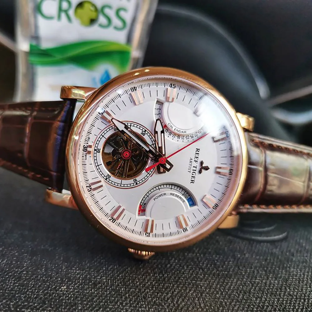 

Reef Tiger Top Brand Luxury Men Watch Rose Gold Leather Strap Black Dial Automatic Men Watch RGA1950