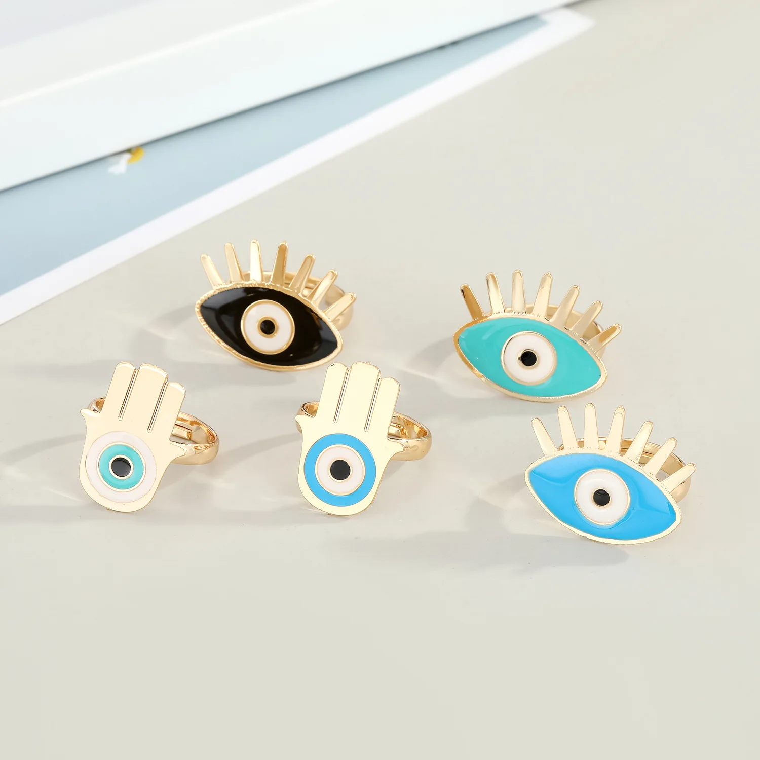 

Women Fashion Jewelry Adjustable Eyelashes Eyes Rings Real Gold Plated Oil Drop Fatima Hand Demon Eye Resizable Rings