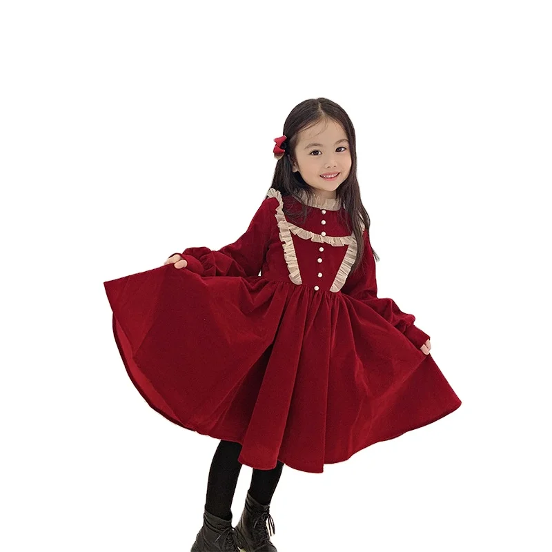 

Hot sale children long sleeves dress baby girls' velvet skirts kids prom dresses, As picture