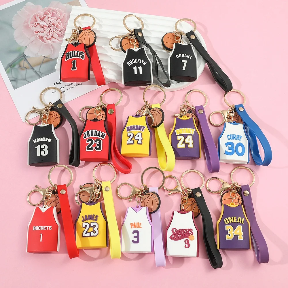 

Wholesale Plastic PVC Rubber Mini 3D N BA Basketball Player Star Jersey Suit Keychain Sport Uniform Wear Clothes Key Ring Chain