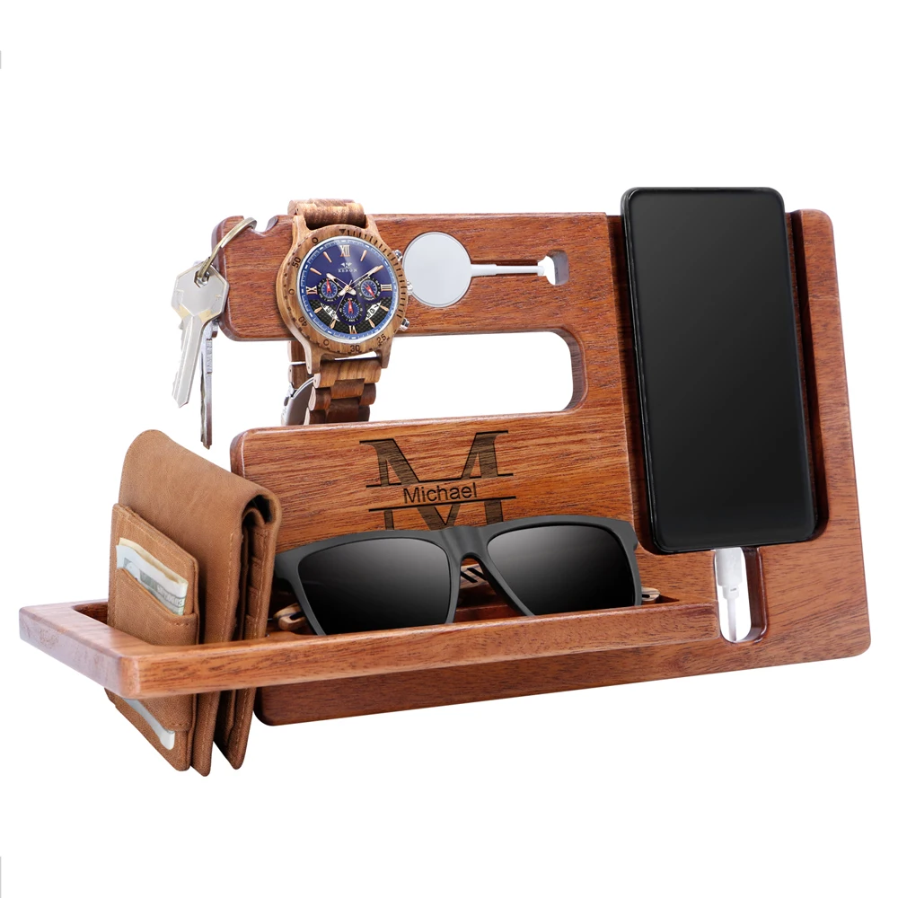 

One Piece Custom Wood Phone Holder OEM Engraved LOGO Docking Station Wooden Men Wallet Watch Organizer