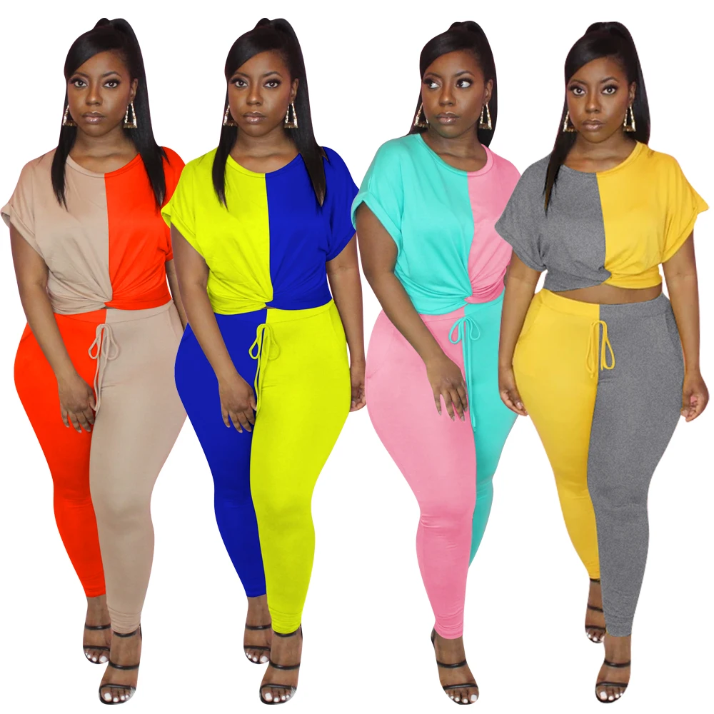 

Autumn custom manufacturers patchwork cotton two piece long trousers & short sleeve t shirts womens clothing t shirt, Picture color