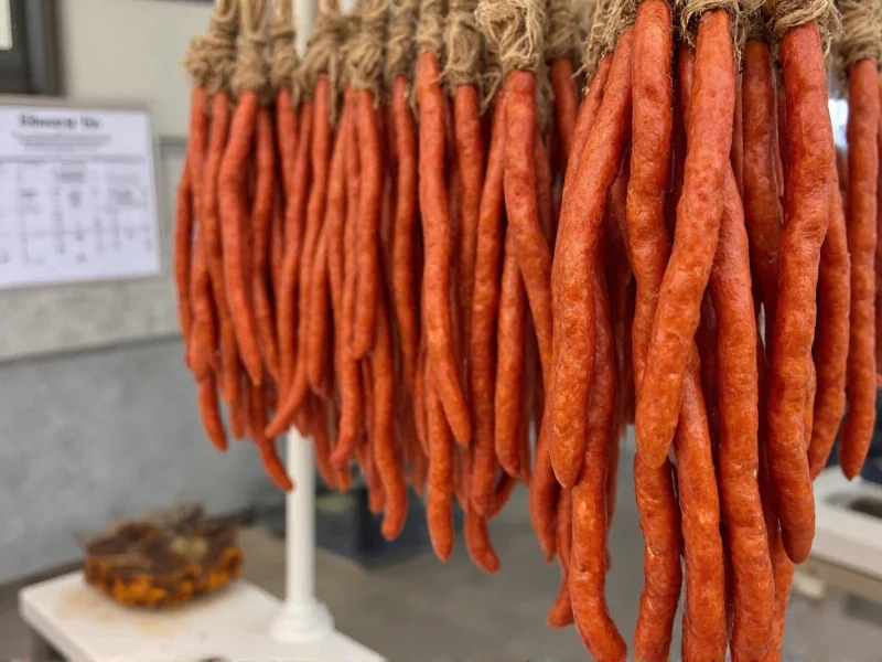 Finished chorizo links hanging in kitchen with curing chart