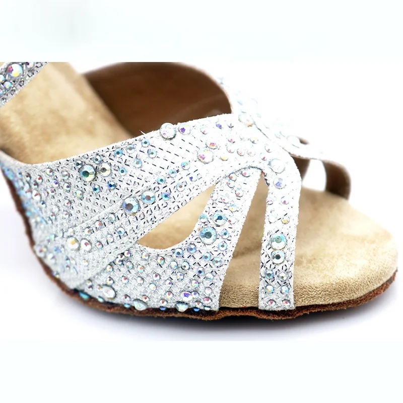 豪华水晶钻石女性拉丁舞鞋与分裂皮革外底软和舒适的鞋 9470