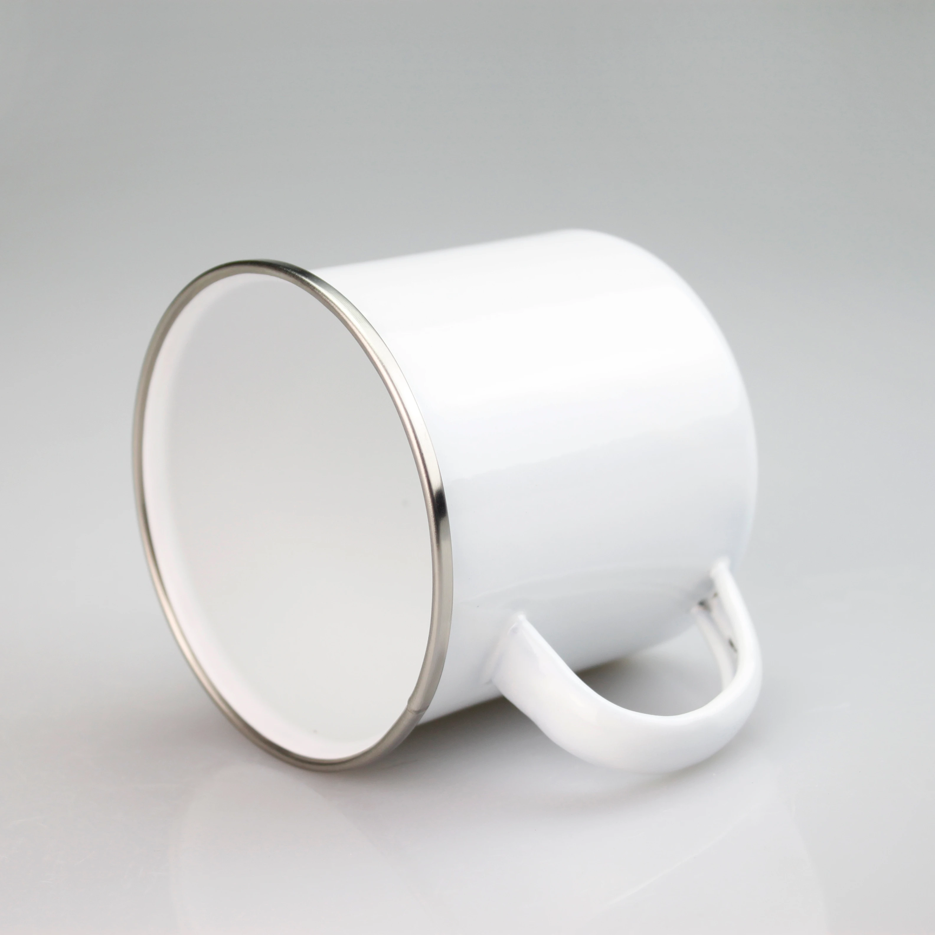 

Sublimation Custom Enamel Mug Wholesale Logo Printable Blank Enamel Coffee Mug Cups with Stainless Steel Rim, White